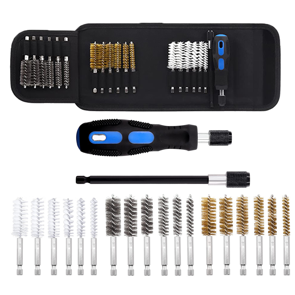 Auto Wire Brush 18-Pack Bore Brush Set Variety of Size Stainless Steel, Brass, Nylon Twisted for Cleaning Rust, 1/4in Hex Drill Shank for Power Drill Impact Driver with Handle, Extension Bar, Tool Bag